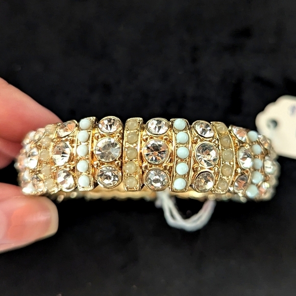 Gold White Rhinestone Beaded Bracelet Bangle Stretchable Adjustable Boho Preppy - Picture 2 of 7
